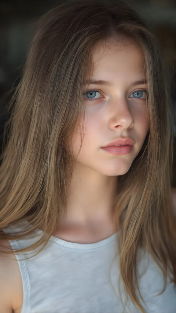 young teen girl, brown long straight soft hair, she wears a super short cropped tank top, full lips, fit body, realistic, she looks like a very young teen model with round face, stunning, gorgeous, hyper realistic