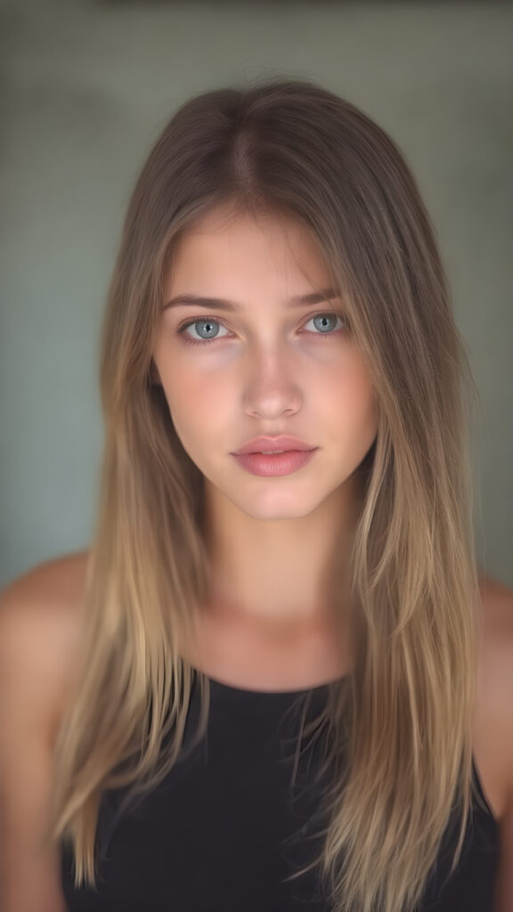 young teen girl, brown long straight soft hair, she wears a super short cropped tank top, full lips, fit body, realistic, she looks like a very young teen model with round face, stunning, gorgeous, hyper realistic