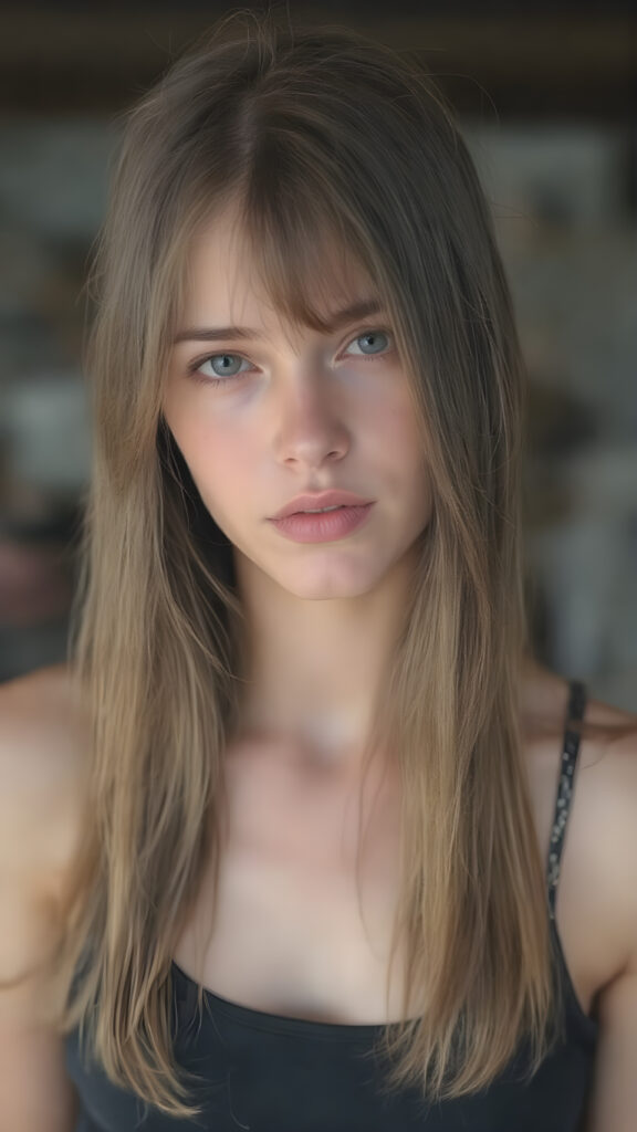 young teen girl, brown super long straight soft hair, she wears a super short cropped tank top, full lips, fit body, realistic