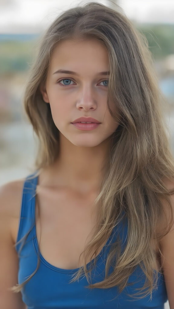 young teen girl, wavy brown super long straight soft hair, she wears a blue tank top, red full lips, fit body