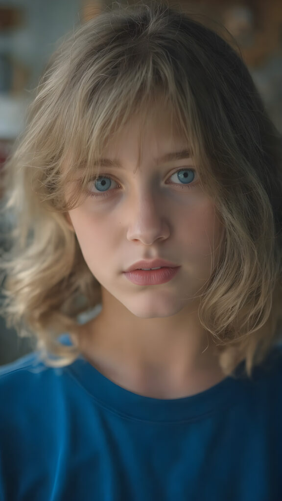 young teen girl, wavy brown bob soft hair, she wears a blue t-shirt, red full lips