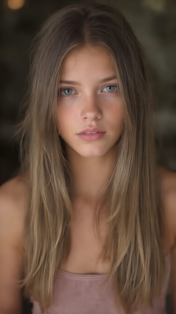 young teen girl, brown super long straight soft hair, she wears a super short cropped tank top, full lips, fit body, realistic, she looks like a very young girl with round face