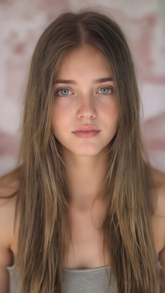 young teen girl, brown super long straight soft hair, she wears a super short cropped tank top, full lips, fit body, realistic
