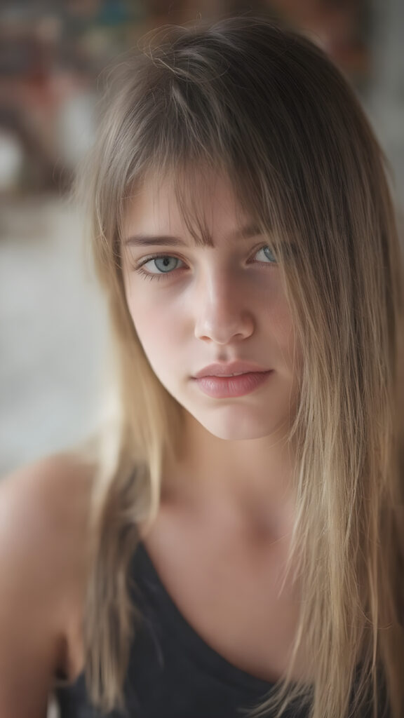 young teen girl, brown super long straight soft hair, she wears a super short cropped tank top, full lips, fit body, realistic, she looks like a very young girl with round face