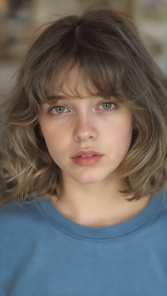 young teen girl, wavy brown bob soft hair, she wears a blue t-shirt, red full lips
