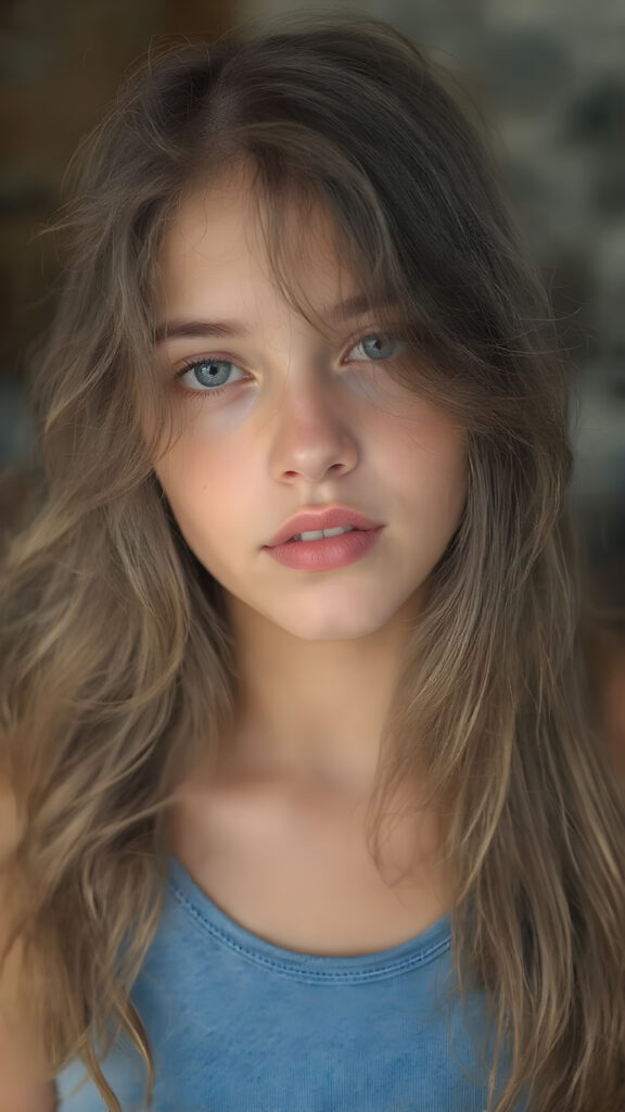 young teen girl, wavy brown super long straight soft hair, she wears a blue tank top, red full lips, fit body