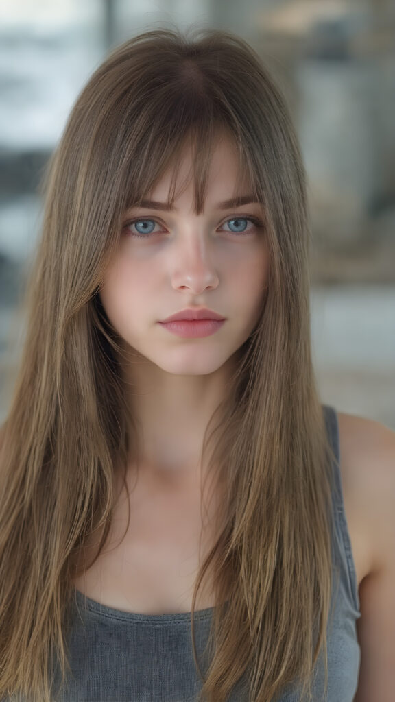 young teen girl, brown super long straight soft hair, she wears a super short cropped tank top, full lips, fit body, realistic, she looks like a very young girl with round face