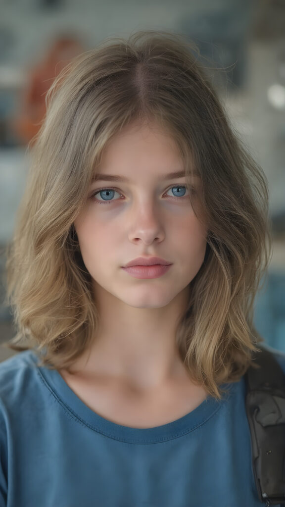 young teen girl, wavy brown bob soft hair, she wears a blue t-shirt, red full lips