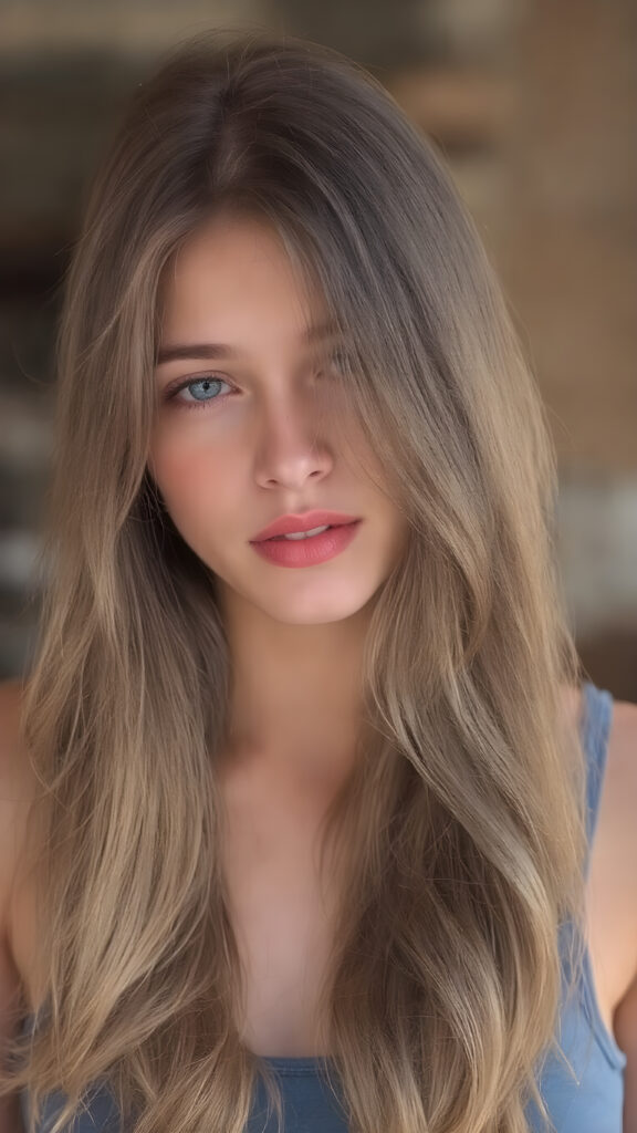young teen girl, wavy brown super long straight soft hair, she wears a blue tank top, red full lips, fit body