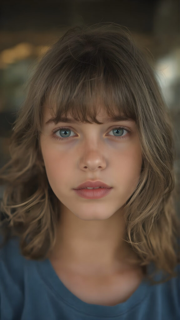 young teen girl, wavy brown bob soft hair, she wears a blue t-shirt, red full lips