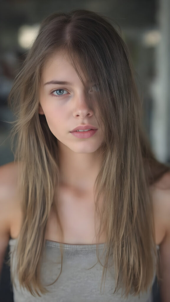 young teen girl, brown super long straight soft hair, she wears a super short cropped tank top, full lips, fit body, realistic